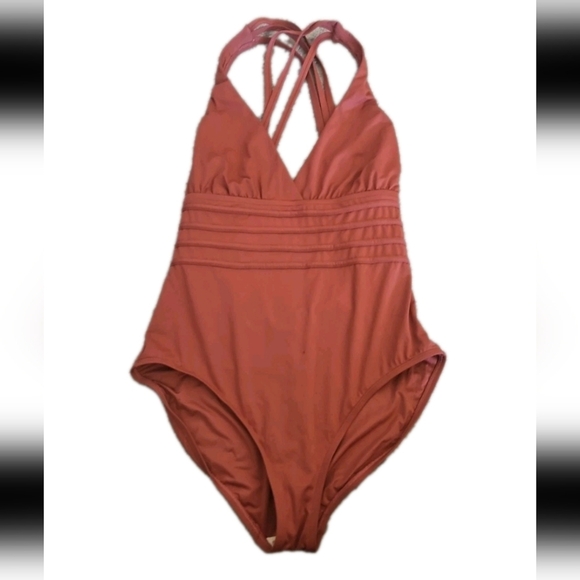 La Blanca Orange Brown Island Goddess Criss-Cross Back One-Piece Swimsuit 14 - Picture 8 of 15